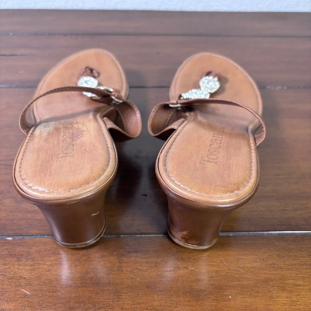 Toscanella Wedge Sandals Womens 8 Brn Leather Crystal Embellished Made in Italy